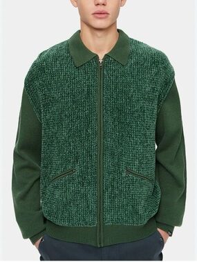 NWT THISISNEVERTHAT Forest Green Velvet Knit Zip Polo Grandpa Sweater Jacket L